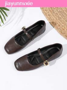 JiaYunNvXie Spring/Autumn Mary Jane Shoes With Gold Buckle, Plus Size Women's Uniform Shoes - New Coffee Color - View 3