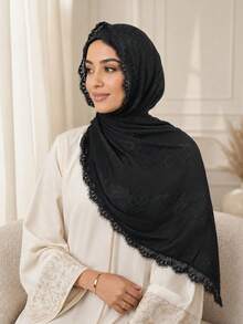 1pc Women Matte Satin Jacquard Hijab Scarf, Opaque Eyelash Lace Trim Muslim Headscarf Shawl For Abaya, 70.9 X 27.6 In - 2# Black - View 3