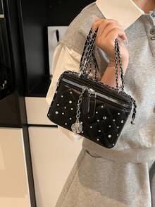 1pc Solid Color Small Square Handbag, Fashionable Box Bag, PU Leather Material, Pearl Decoration, Daily Use Bag, Office, Phone & Lipstick Storage Bag, Suitable For Women, College Students, Office, University, Work, Business, Commute - Black - View 8