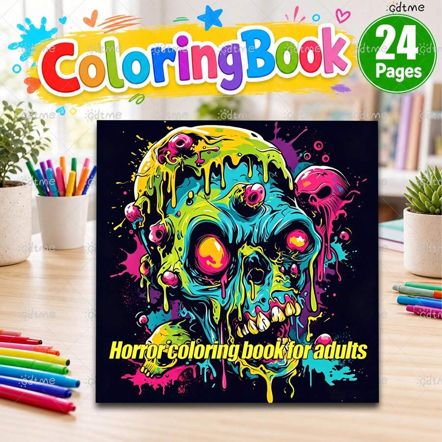 GDTME 2027 New Adult Coloring Book, 1 Book 24 Pages 20cm X 20cm, Pearlescent Glossy Cover 120g Thick Inner Paper, Bloody Zombie Skull Splatter Graffiti Dark Horror Line Art, Stress Relief Creative Painting Activity, School Supplies, Christmas Halloween Room Decor, Holiday Gift For Art Lovers
