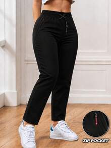 Women's Fashion High Waist Sports Pants - Drawstring Straight Leg Sweatpants, Casual Long Pants With Secure Zipper Pockets, Suitable For Daily Wear, Commuting, Outdoor Activities - Black - View 4