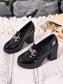 2026 Spring/Autumn New Women's High Heel Slip-On Pumps With Thick Heel, Fashion Buckle Work Shoes - Black - View 3