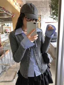 Women's 2 In 1 Cardigan, Plaid Patchwork, Tie Front And Long Sleeves - Grey - View 3