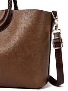 Fashionable Women's PU Leather Large Capacity Tote Bag, Solid Color Shoulder & Crossbody Bag, Suitable For Commute And Party - Brown - View 9
