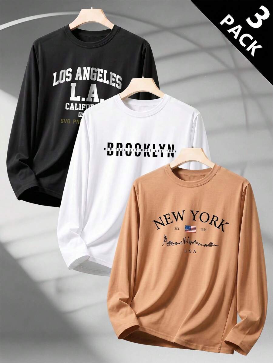 SU ER 3pcs/Set Men's Printed Long Sleeve T-Shirts - Multicolor - View 1