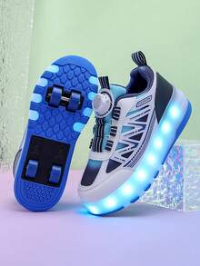 中性 LED 充電發光輪滑鞋，兒童多功能可變形輪滑鞋，可拆卸輪子，適合四季，戶外與運動滑冰 - 藍色 - 查看 12