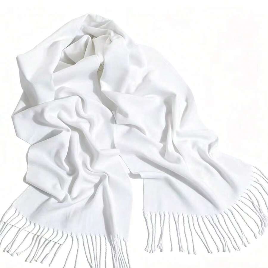Solid Color Scarf, Autumn/Winter Unisex Couple Knitted Tassel Warm Long Versatile Boyfriend Gift, Neck Warmer, Blanket - White - View 1