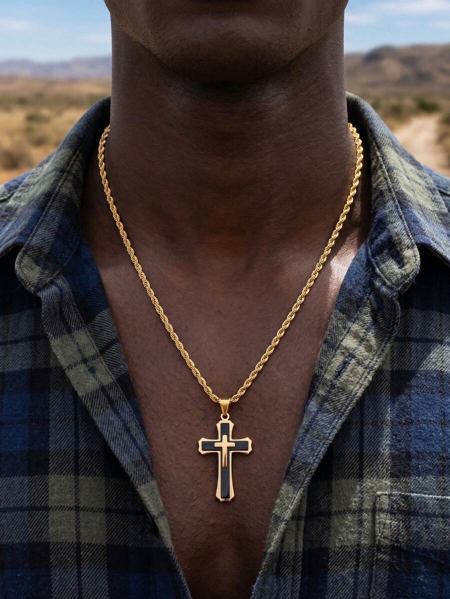 Colgante de Hip Hop de Acero Inoxidable con Cruz de 3 Capas Vintage Único - Multicolor - Ver 1