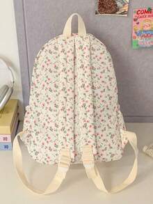 1pc White Nylon Floral Print Double Zipper Large Capacity Fashion Versatile Backpack, Student Bag - White - View 4