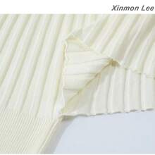 Commuter Versatile Round Neck Pleated Batwing Sleeve Knit Sweater Solid Color Knitted Top Home Daily Date Summer - White - View 4