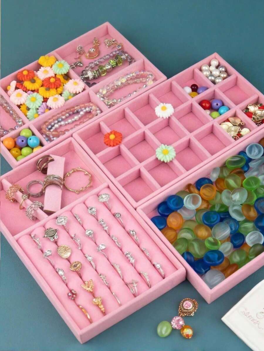 6/1 pieza Bandeja de almacenamiento de joyas de terciopelo Estilo cajón Caja de almacenamiento Caja de anillos Organizador de joyas apilable de gran capacidad con diseño de compartimentos Adecuado para aretes, collares, pulseras, anillos, diademas, bolsas Estante de exhibición de joyas Organizador de bolsa de maquillaje