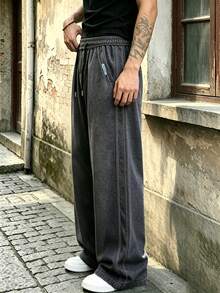 Men's Vintage Washed Distressed Wide Leg Denim Jeans, Loose Fit Straight Leg Drape Floor Length Pants With Elastic Waist And Double Drawstring Design, Streetwear Slouchy Versatile Casual Everyday Outing Long Pants - Black - View 4