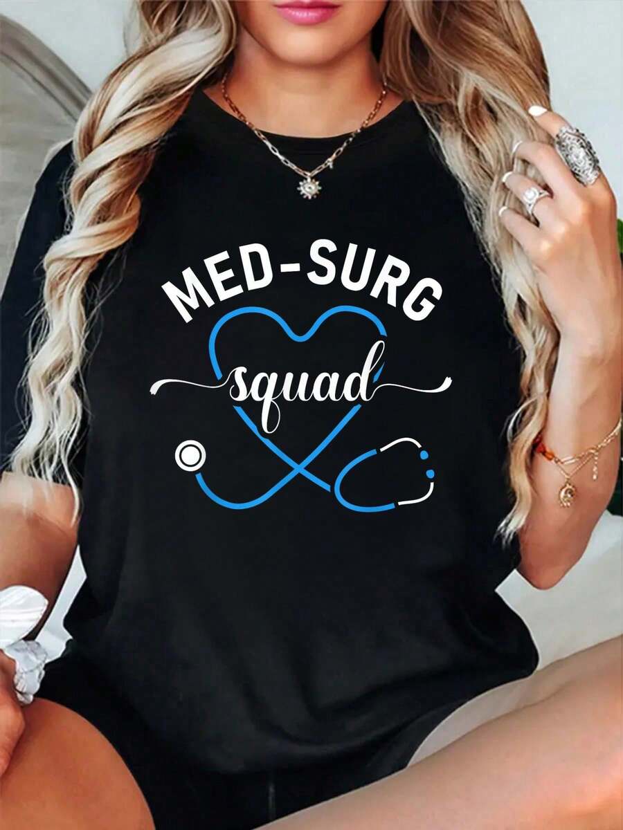 100% Cotton Med Surg Squad Appreciation Med Surg Nursing Nurse T-Shirt Classic Comfort Shirt For Women Graphic Tee Fashion Vacation Tops - Black - View 1
