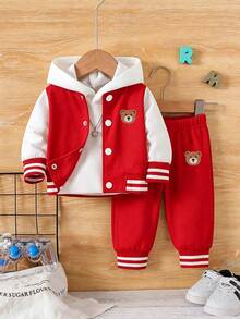 Set Baju dan Celana Hangat Kerah Baseball Motif Kartun untuk Bayi Laki-laki - Merah - View 2