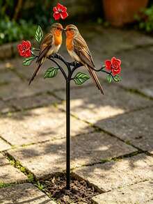1 pieza Estaca de jardín de metal con petirrojo, petirrojo pintado a mano con doble amor y rosa roja, decoración de arte de jardín, adorno de pájaro y flor de hierro resistente a la oxidación para exteriores, decoración de señal de jardín con pareja de pájaros románticos, adecuado para césped, patio, patio trasero, decoración de boda - Multicolor - Ver 7
