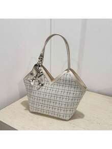 Sac cabas d'épaule en tweed avec décoration de nœud, léger et portable, style décontracté et mode, motif à carreaux, écharpe fine décorative, pour filles, femmes et étudiantes - Blanc - Voir 2