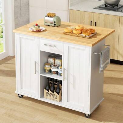 QAQA 42 Rolling Kitchen Island Cart With Storage, Drop Leaf Countertop, Drawers Amp Towel Rack, Mobile Kitchen Table On Wheels