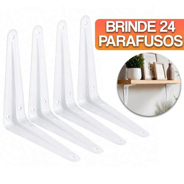 Kit 4 Suportes Mão Francesa 10x8cm Cantoneira de Ferro Reforçada Branca C/ Parafusos Tábua Canto