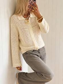 Women's Crochet Knitted Cardigan With Collar And Long Sleeves, Button Front Casual Fall Top - Apricot - View 4