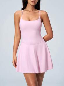 NcmRyu 1pc Women Hollow Out Asymmetrical Hem Waist Cinched Mini Dress Sports - Pink - View 8