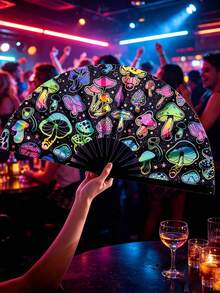 Large Foldable Handheld Rave Fan, Y2K Folding Fan, Suitable For Line Dancing, Music Festivals, Carnivals, Rainbow Outfits, Disco, Neon Party Decor, Mushroom Pattern, Dance Performance Decoration Gift - View 3
