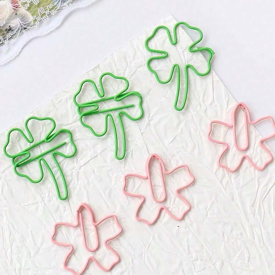 Creative Sakura Lucky Four-Leaf Clover Asymmetric Paper Clip Bookmark Set, Creative Gift Desktop Decoration, Planner Decoration Fixing, Office, Study Diary Accessories, Fun Stationery, Paper Clip Style Bookmark - Sets - View 1