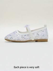 Girls' Sequin Embroidered Mesh 3D Flower Decor Breathable Non-Slip Square Toe Elastic Strap Flat Princess Mary Jane Shoes For School, Party, Wedding, Performance, Formal Dress - White - View 2
