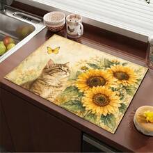 1pc Pet Sunflower Print Pattern Drainage Mat/Absorbent Mat/Drying Mat Coffee Machine Tableware Drying Mat - Absorbent Polyester Tabletop Protector With Rubber Non-Slip Backing, For Kitchen Countertop Decoration - Home Bar And Dining Table Placemat - Multicolor - View 3