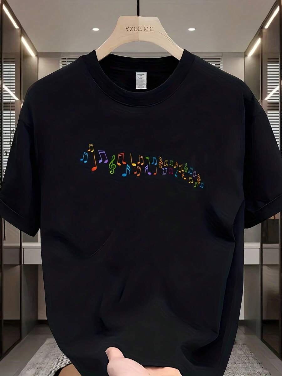 A Round-Neck Short-Sleeve T-Shirt Featuring A Colorful Music Note Pattern Print On The Front. The Vibrant Note Elements Convey A Lively, Music-Related - 黑色 - 查看 1