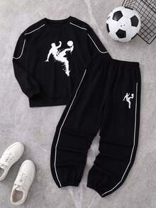 Boys Spring/Autumn Set, Raglan Sleeve, Soccer Print Crew Neck Long Sleeve Top + Casual Long Pants 2-Piece Outfit, Suitable For 4-12 Years Old Boys, Outdoor, Vacation - Black - View 5
