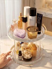 1 pieza Organizador de maquillaje multifuncional con decoración de diamantes de imitación y rotación de 360°, estante de almacenamiento de cosméticos con rotación de 360° y diamantes de imitación, organizador de tocador y cuidado de la piel de doble capa, bandeja de almacenamiento giratoria con diamantes de imitación rosa brillante y estilo femenino, organizador de escritorio de gran capacidad para cuidado de la piel, lápiz labial y maquillaje - Multicolor - Ver 2