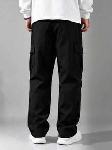 Calça Cargo Casual Preta com Múltiplos Bolsos para Homens, Calça Casual Masculina, Design de Bolsos Grandes, Calça de Moletom Esportiva de Perna Reta Solta - Preto - Visão 2