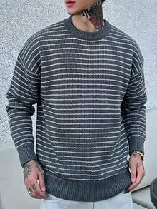 Sweater Rajut Pria Kasual untuk Liburan, Perjalanan Sehari-hari, Pulang ke Rumah, Serbaguna, Blok Warna, Garis-garis, Kerah Bulat, Lengan Panjang, Longgar, Berusuk, Pullover, Musim Gugur/Dingin - Grey - View 1