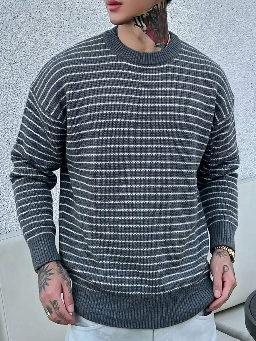 Sweater Rajut Pria Kasual untuk Liburan, Perjalanan Sehari-hari, Pulang ke Rumah, Serbaguna, Blok Warna, Garis-garis, Kerah Bulat, Lengan Panjang, Longgar, Berusuk, Pullover, Musim Gugur/Dingin - Grey - View 1