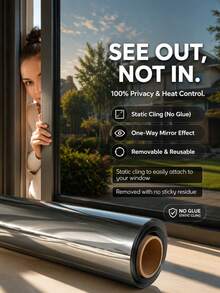 Película de Ventana de Espejo Unidireccional Autoadhesiva para Privacidad, Control de Calor Diurno, Bloqueo UV, Tinte de Ventana Negro Plata para Hogar, Oficina, Puerta de Vidrio - 1PC - Ver 1
