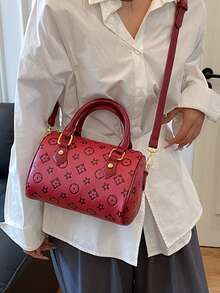 Dedoo 女款迷你水桶包 PU 皮革手提包，字母印花頂部手柄包，附可拆卸肩帶，復古斜挎單肩包，適合日常出行 - 紅色 - 查看 6