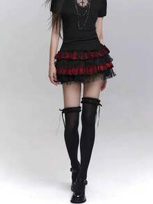 1 Pair Black Over-The-Knee Socks, Creative Lace, Bow And Ribbon Design, Pure Black, Versatile And Easy To Match - Black - View 2