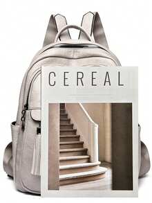 Women's High-Quality PU Leather Large Capacity Backpack, Suitable For Teenage Girls' School Backpack, Travel Backpack, Designer - Light Grey - View 6