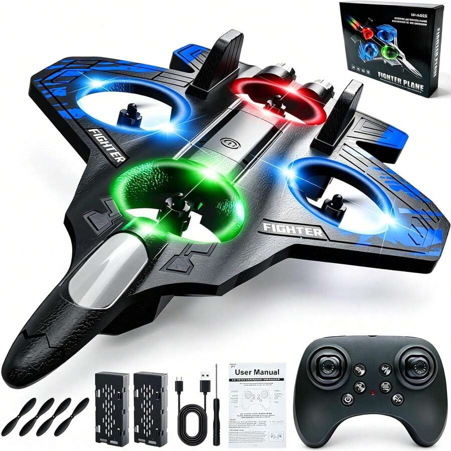 Avión de control remoto con luces, avión de control remoto, avión de combate de control remoto, 360°Volteretas, acrobacias, dron para hombre, avión de control remoto (blanco - plástico) - azul petirrojo - Ver 1