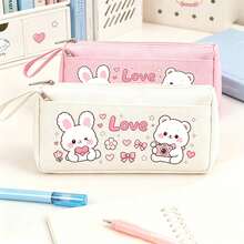 Cute Cartoon Rabbit & Bear Canvas Pencil Case, Heart Pattern Large Capacity Pencil Pouch, Perfect Back To School Gift For Kids, First Day Of School - Multicolor - View 7