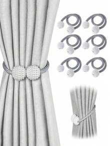 2/4/6pcs Magnetic Curtain Tiebacks,Faux Pearl Curtain Tiebacks,Pearl Decorative Rope Tie Backs,Drape Tie Backs Decorative,Window Tie Decorative Rope Fixer,Classic Necktie Design Curtain Holder Clips,Curtain Holdbacks,No-Drill,For Home Office Decor. - Multicolor - View 2