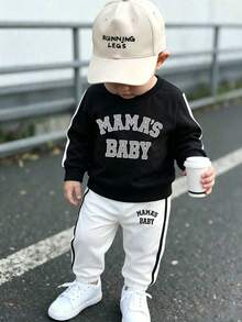 Baby Boy Cartoon Letter Print Crew Neck Sweatshirt And Pants Set - Black - View 1
