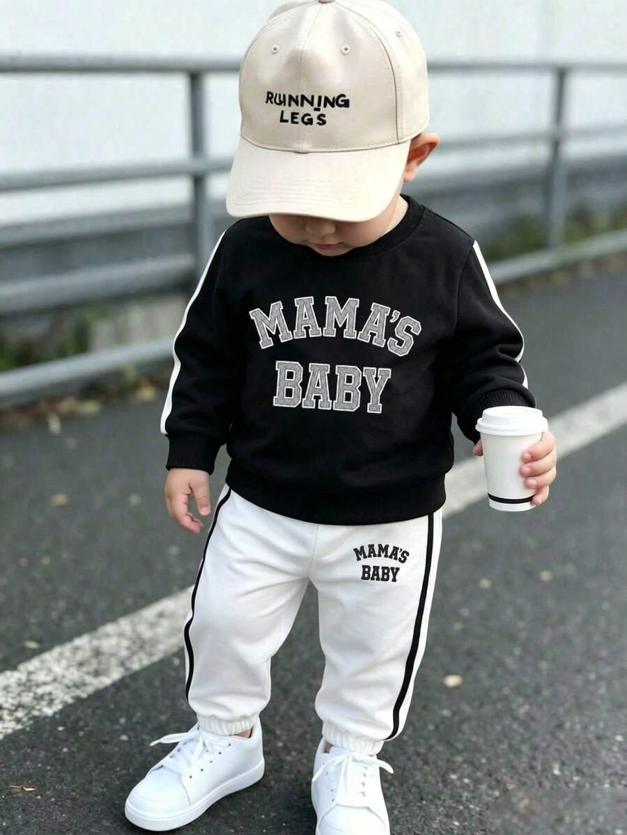 Baby Boy Cartoon Letter Print Crew Neck Sweatshirt And Pants Set - Black - View 1