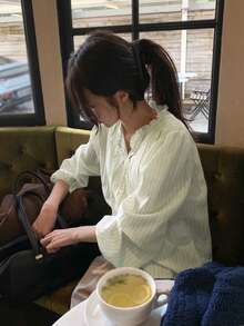 Korean Chic Spring New Vertical Stripe Ruffle Sweet Elegant Blouse - Apricot - View 3