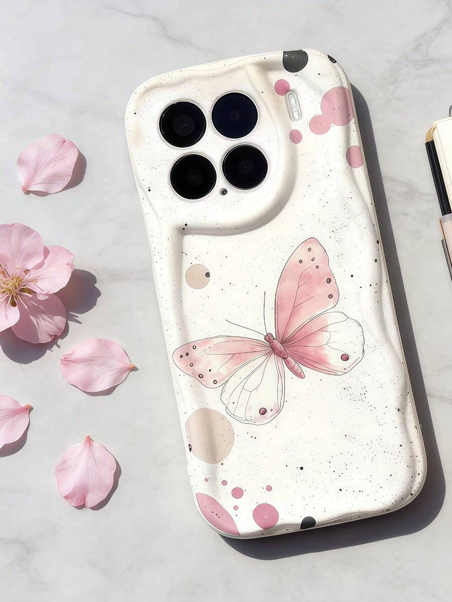 Cream Dopamine Wave Ruffle Soft TPU Texture, Cute Pink Bow Polka Dot Print Pattern Phone Case Compatible With Galaxy S21 S22 S23 S24 S25 S26/Honor/ And Other Models - White - View 1