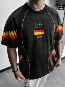 Fractyr Men's German GER Flag 4 Star Geometric Color Block Print Football Jersey T-Shirt, Black Curved Crew Neck Short Sleeve Soccer Shirt - Black - View 3