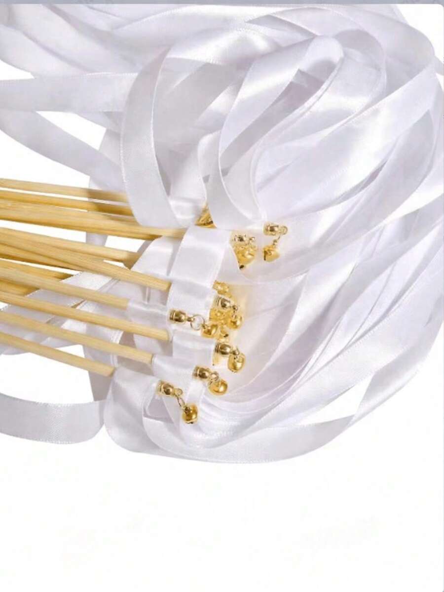20/10/1pc White Yellow Ribbon Magic Wand, Silk Fairy Wand With Gold Bell, Wedding Ribbon Decoration, Suitable For Wedding, Party, Birthday, Holiday Decoration And Event Props, Party Magic Wand, Party Gift, Wedding Party Event Decoration, Holiday Birthday Celebration - Golden Bell Ribbon - View 1