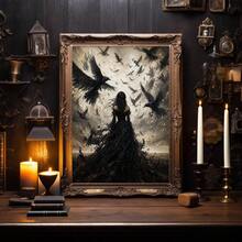 1pc Canvas Wall Art, Framed Wall Decor, Vintage Gothic Style Crows And Black Clothed Woman Canvas Painting, Dark Academia Atmosphere Oil Painting Print, Thriller Dark Pastoral Style Modern Home Decor, Room Decor, Dorm Decor, Bedroom Decor, Bathroom Decor, Kitchen Decor, Dining Room Decor, Living Room Decor, Office Decor, School Decor, Classroom Decor, Back To School Decor - Raven Girl - View 10