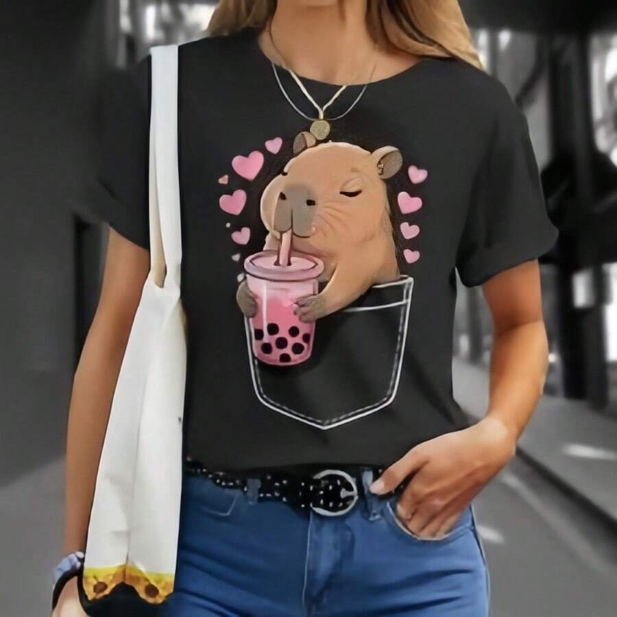 Women's Casual, Creative And Cute Capybara Graphic Pattern T-Shirt, Short-Sleeved, Basic And Stylish - 黑色3 - 查看 1