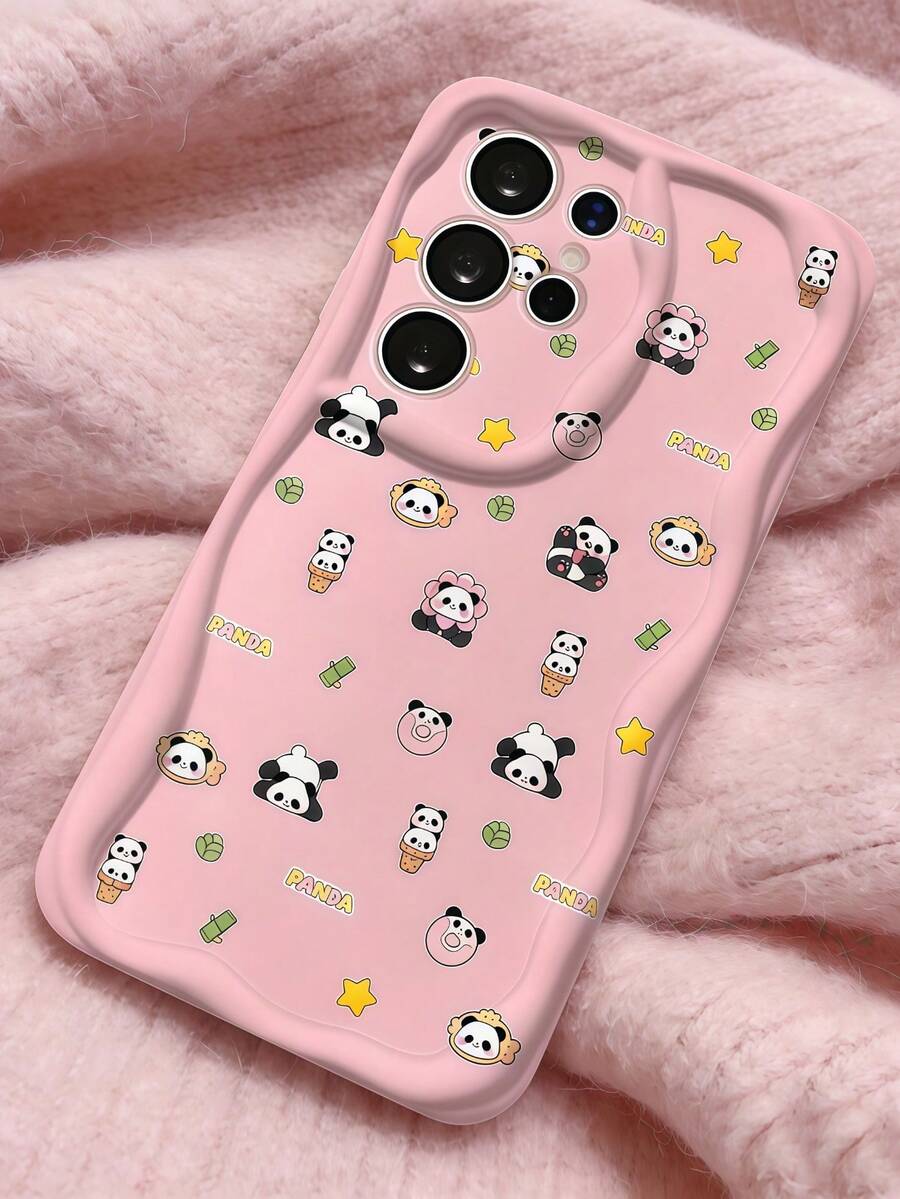 1pc Cream Dopamine Wavy Ruffle Soft TPU Texture Cute Full Screen Bamboo Panda Pattern Phone Case Compatible With Galaxy S21 S22 S23 S24 S25 S26/Honor/ And Other Models - White - View 1